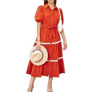 Womens Short Puffy Sleeve Button Down Long Tiered Ruffle Maxi Dress 2XL